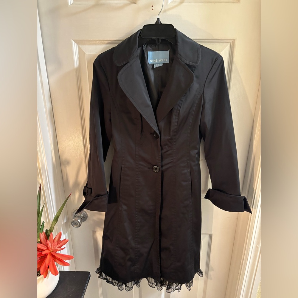 Nine West Elegant Women’s  Black Trench Coat with Ruffle, Size XS